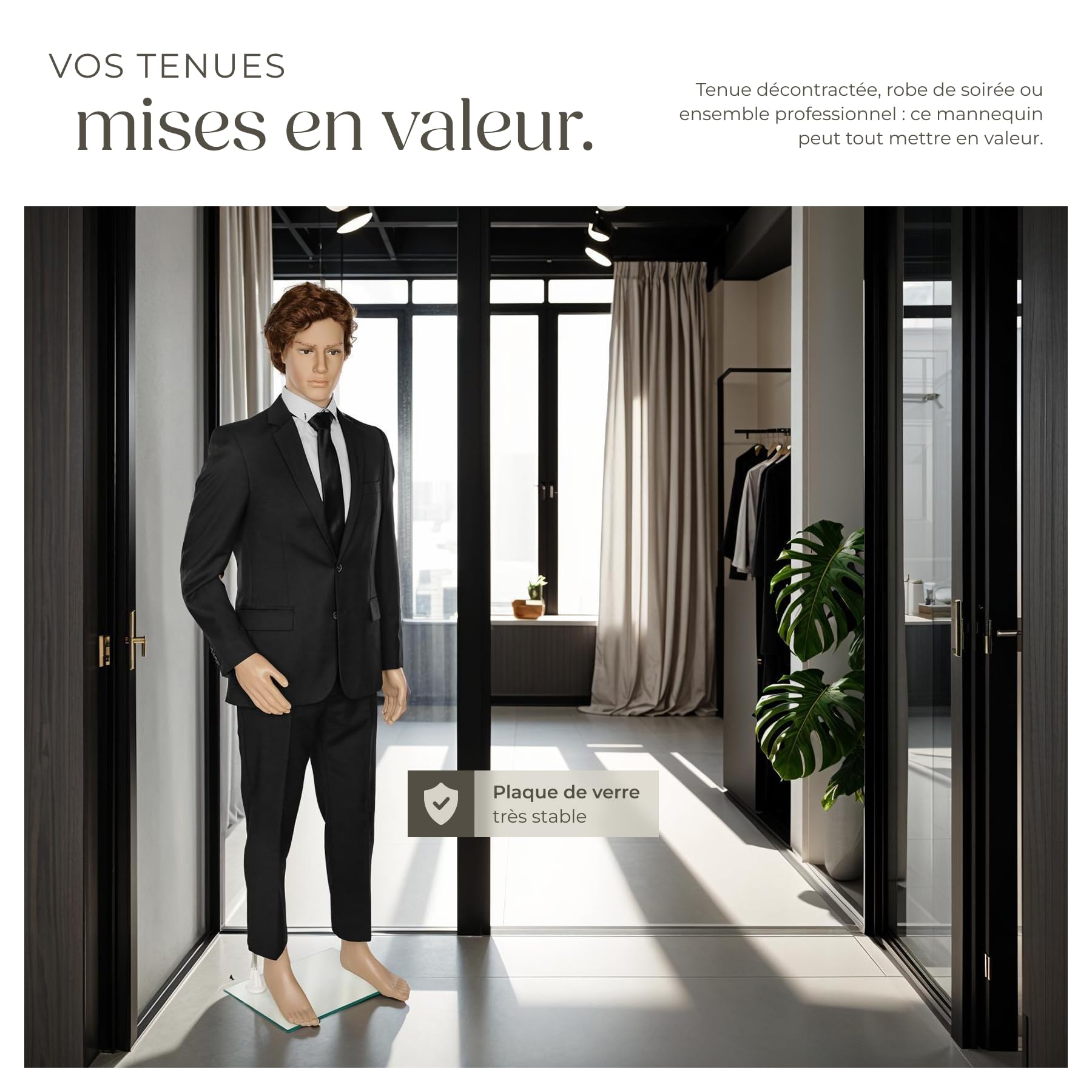 tectake® Mannequin de vitrine Mannequin Homme démontable | Pivotable et Mobile | Pied en Verre avec Attaches pour Les Mollets