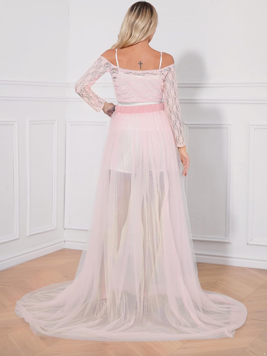 2Pcs Womens Maternity Outfit Baby Shower Photography Props Lace Crop Top with Maxi Tulle Skirt Set