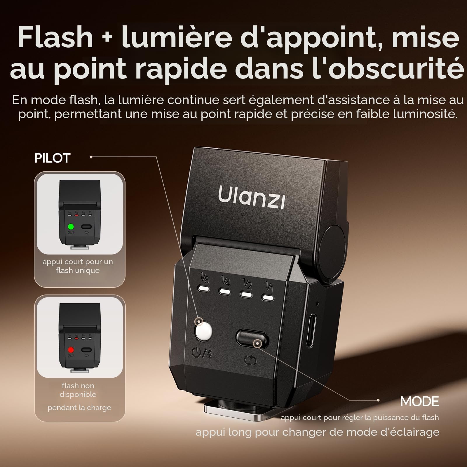 ULANZI SL03 Mini Flash avec éclairage vidéo, Speedlite GN8 6500K, Angle réglable à 90°, 4 Niveaux de Puissance, Mini Flash Manuel, Griffe Porte-Accessoire à Contact Unique pour Sony/Canon/Fuji, Noir