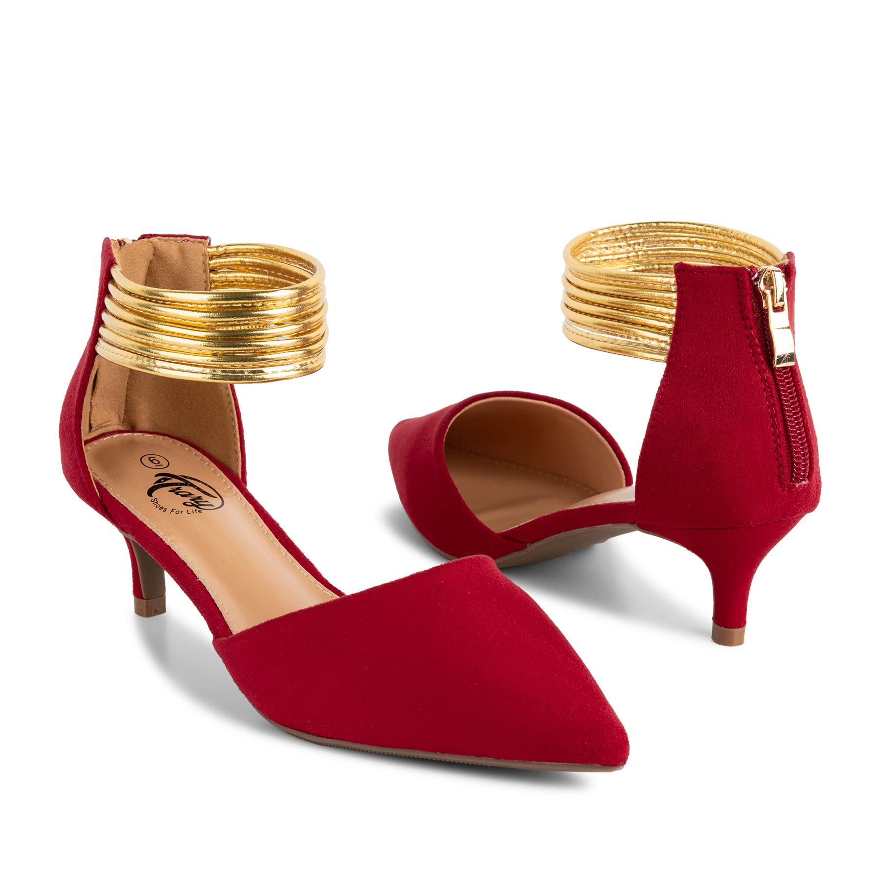 TraryWomen’s Ankle Strap Kitten Heels for Women,Green Heels Red Heels  Purple Heels Black Heels,Closed Toe Heels for Women, with Stiletto Golden 