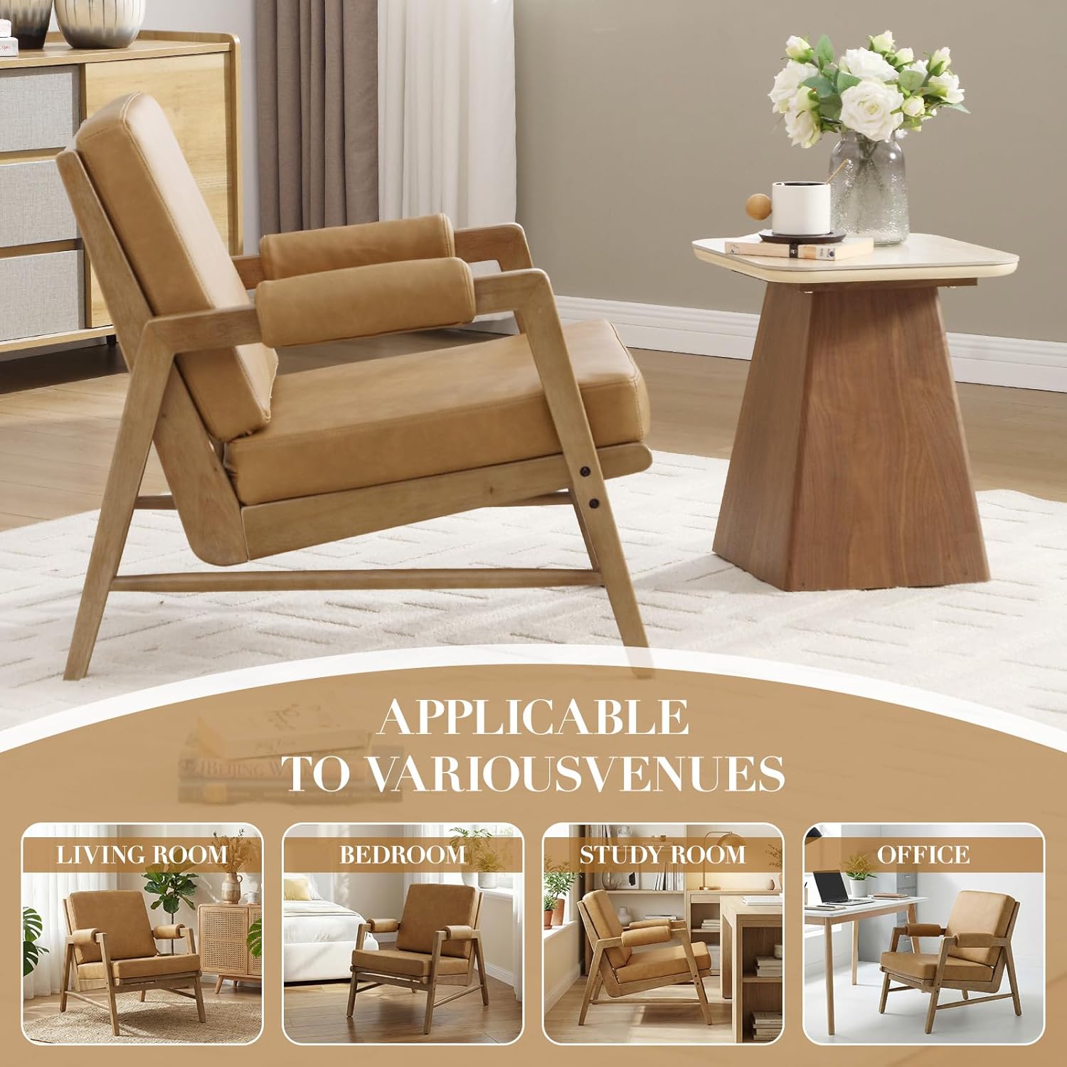 CIMOTA Mid Century Modern Accent Chair, Leather Upholstered Living Room Chairs with Arms, Comfy Reading Chair with Solid Wood Frame, High Back for Bedroom, Waiting Room, Office, Brown