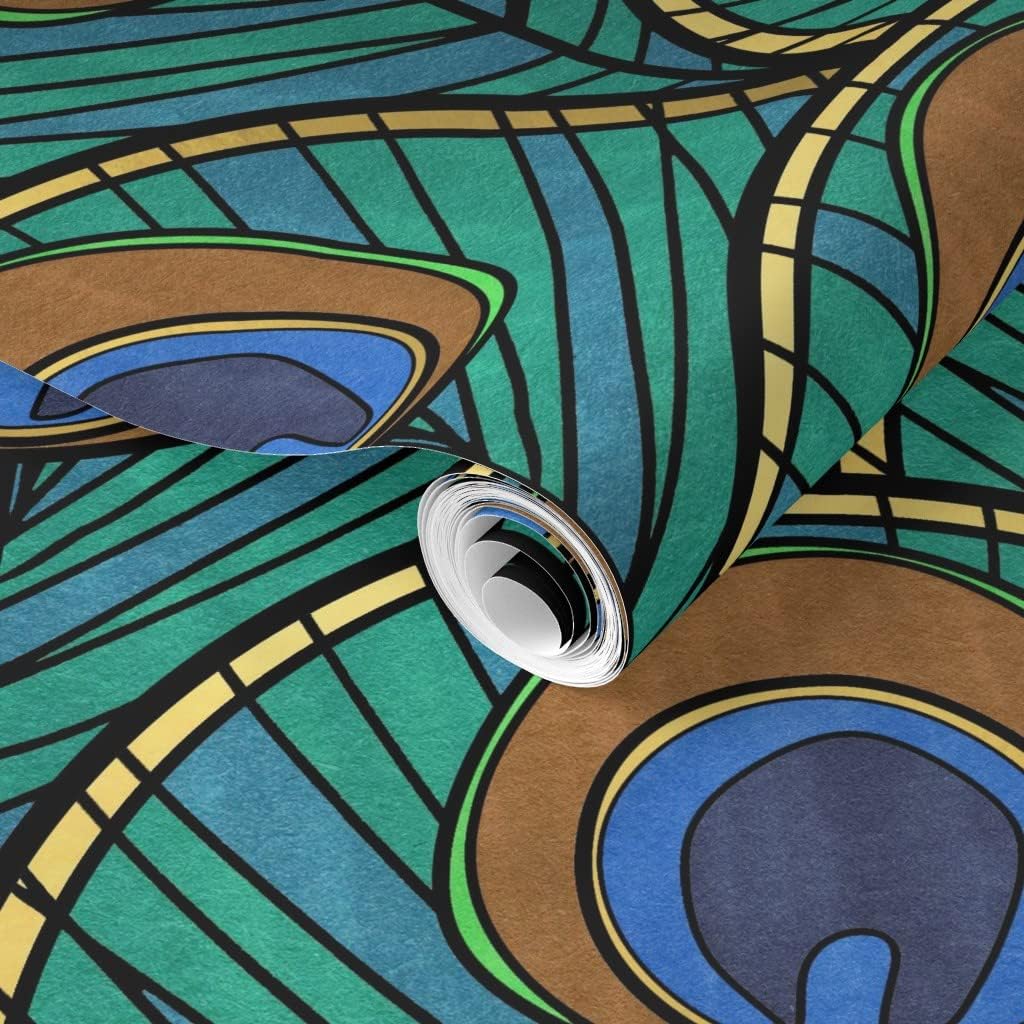Removable Wallpaper 12ft x 2ft - Peacock Art Deco Fan Pattern Feather Blue Green 1920S Vintage Inspired Gold Animal Print Scallop Custom Pre-Pasted Wallpaper by Spoonflower