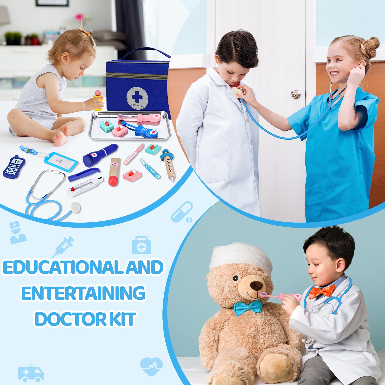 Malette Docteur Enfant, avec Véritable Stéthoscope, Thermomètre, Blouse de Médecin et Sac de Médecin Portable, Adapté Malette Docteur Enfant 3 Ans