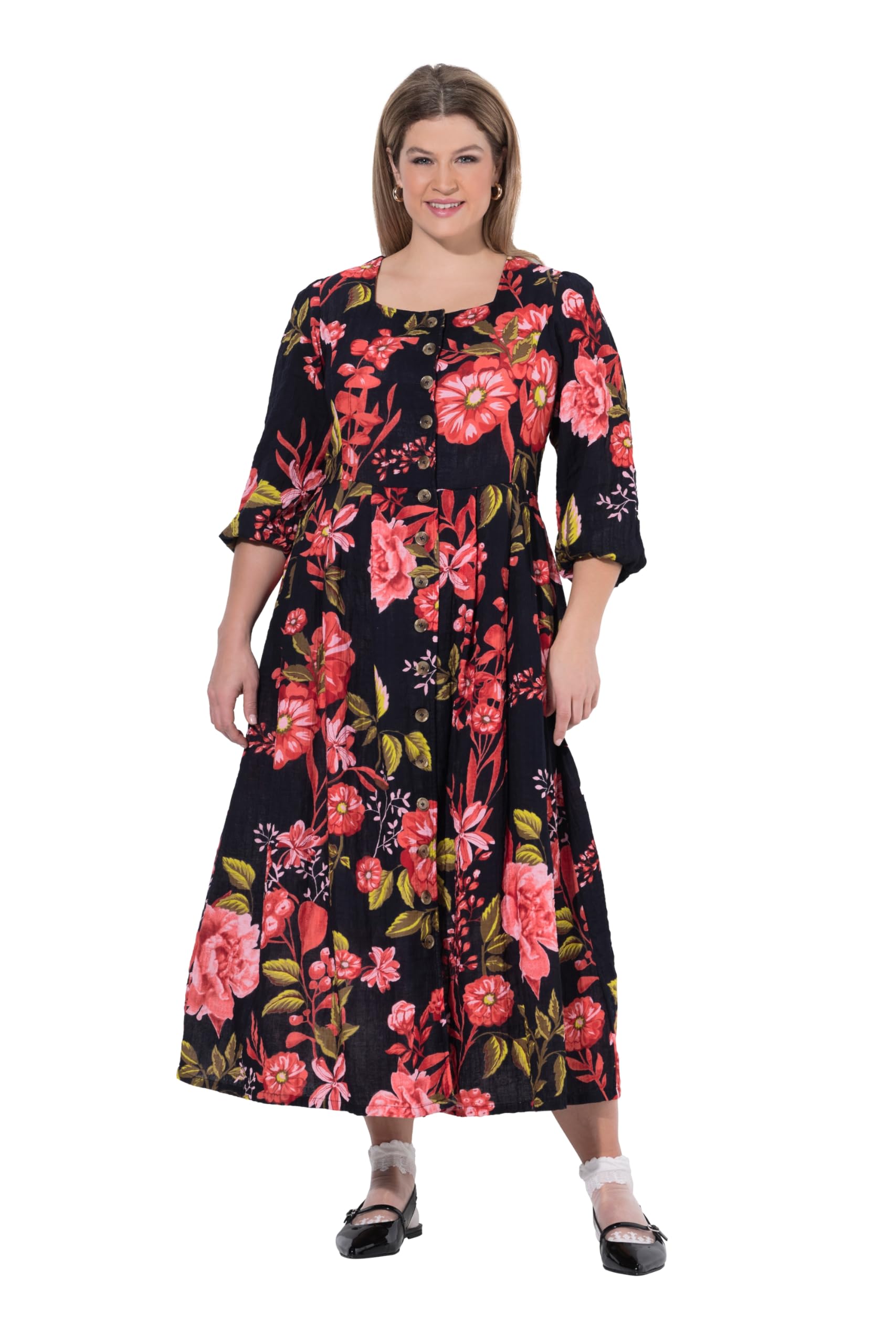 Ulla Popken Damen große Größen Übergrößen Plus Size Musselin-Kleid, floraler Druck, Rundhals, 3/4-Arm 849593