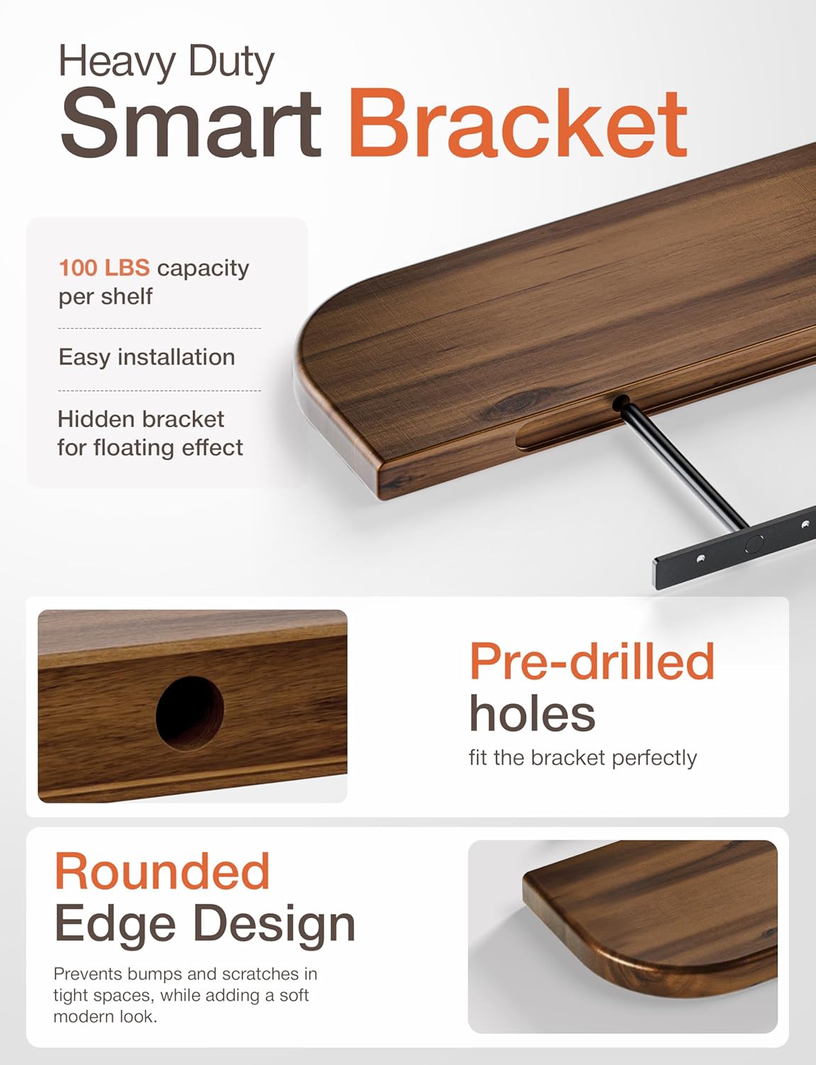 BATODA Set of 2 24” Acacia Floating Shelves for Wall (Round Edge) - Floating Bookshelf Wall - Storage Wood Shelves for House Decor, Kitchen, Bathroom - Brackets and Hardware Included (Walnut Color)