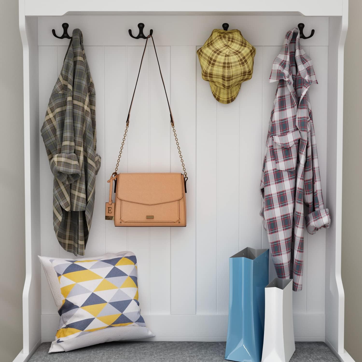 AIEGLE White Entryway Hall Tree with Coat Rack & Shoe Bench, 4-in-1 Hall Tree with 2 Drawers, 4 Hanging Hooks & Shoe Storage Shelves, White (34.3" W x 68.5" H)