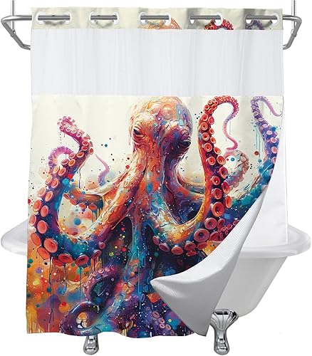 Vista 39 de Juego de cortinas de ducha náuticas de tela, diseño de pulpo, monstruo, velero, decoración de baño con ganchos, impermeable, lavable, 72 x 72