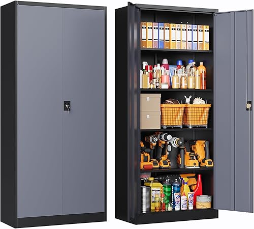 Vista 21 de Gabinete de metal, armario de almacenamiento con bloqueo con 2 puertas y 5 estantes ajustables, gabinetes de acero para herramientas de 72 pulgadas
