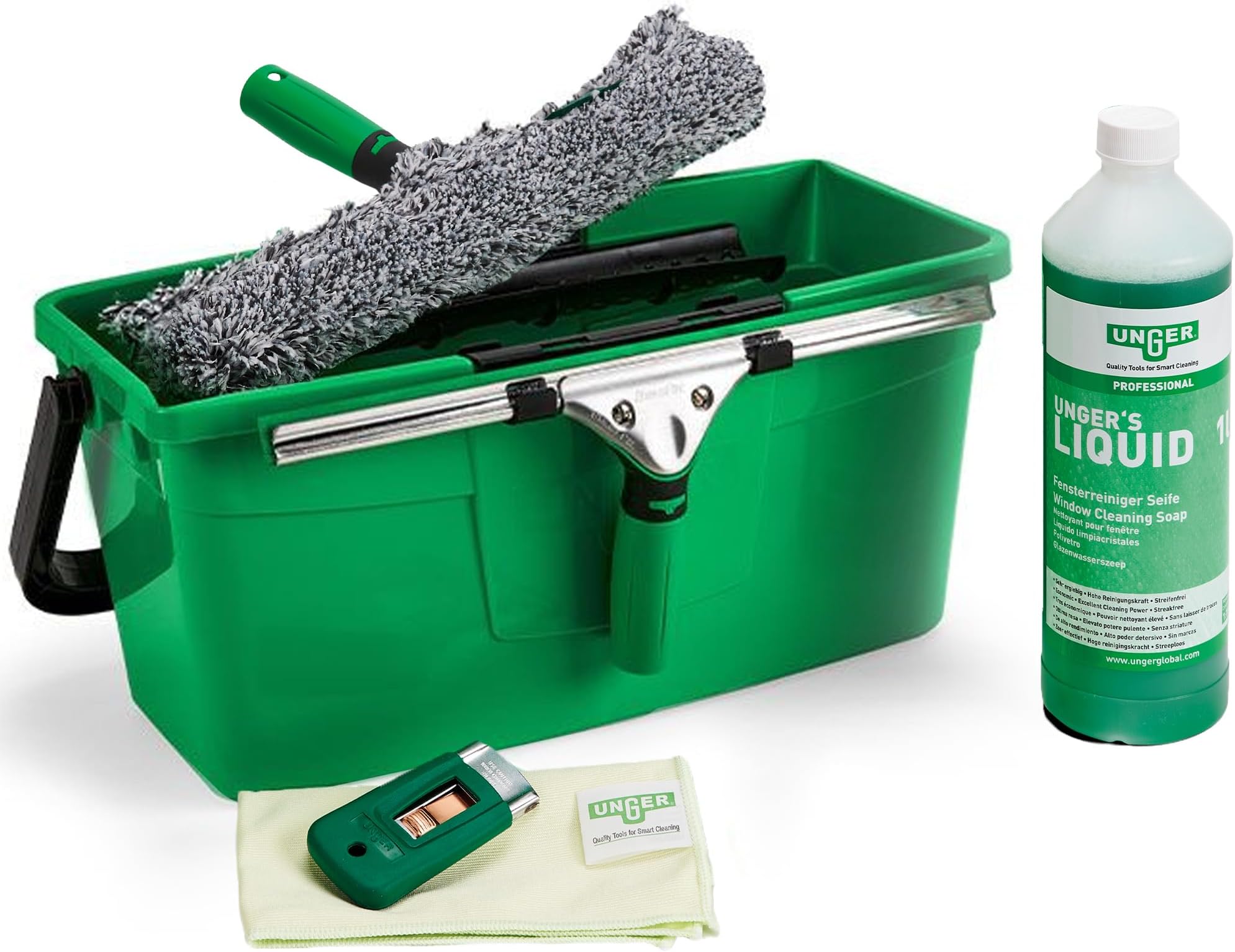 Window Cleaning Kit PRO Set - Power Washer Sleeve, ErgoTec Squeegee, Bucket 12L, Liquid Glass Cleaner 1L, Safety Glass Scraper, Microfibre Cloth - Professional Window Cleaner Equipment