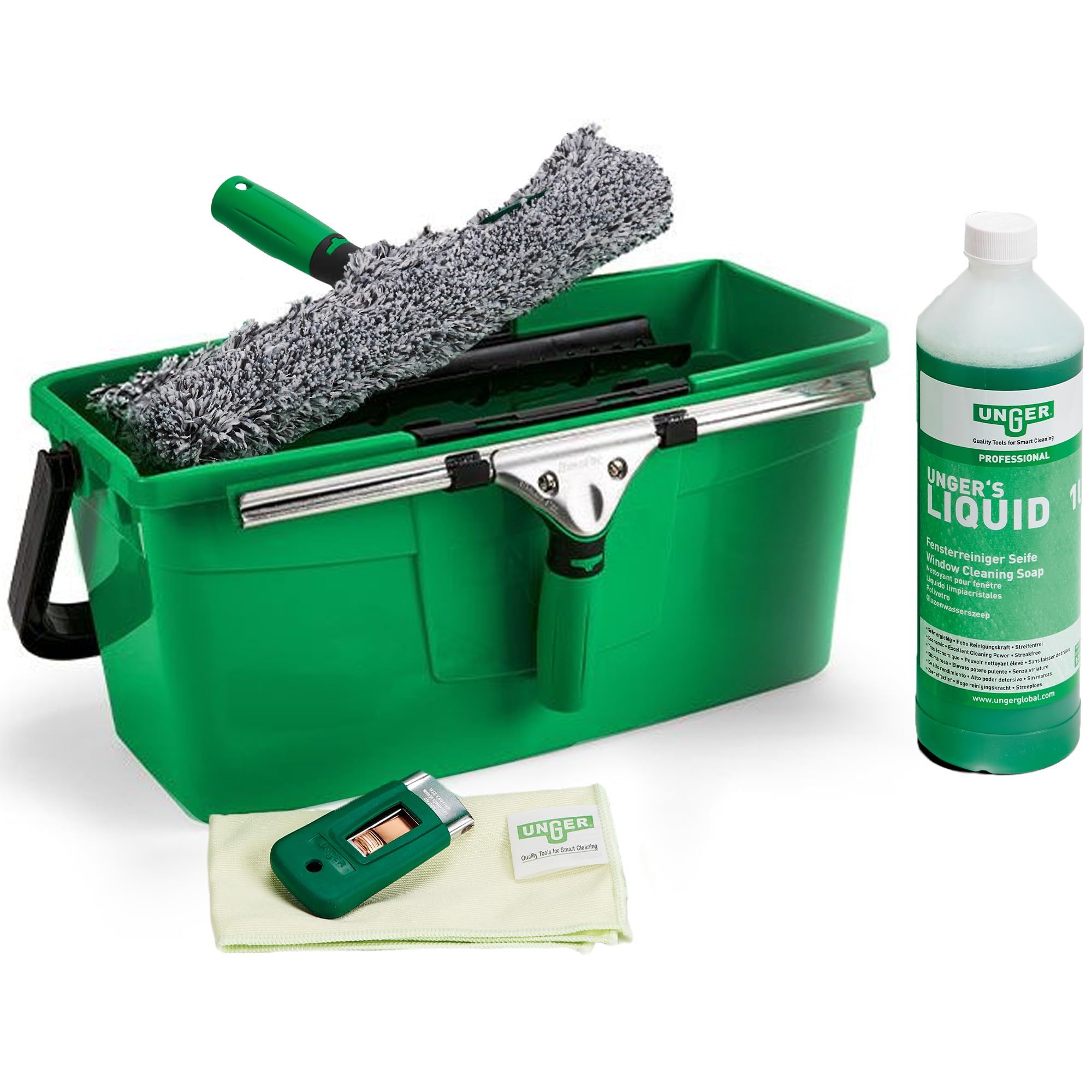 Unger Green Window Cleaning Kit Pro Set - Power Washer Sleeve, Ergotec Squeegee, Bucket 12L, Liquid Glass Cleaner 1L, Safety Glass Scraper, Microfibre Cloth - Professional Window Cleaner Equipment