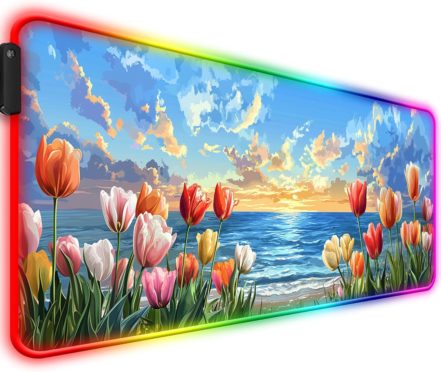 RGB Beach and Tulips Gaming Desk Mat, Computer Keyboard Large Extended Long Floral LED Mouse Pad for Office and Home, XL (H02)