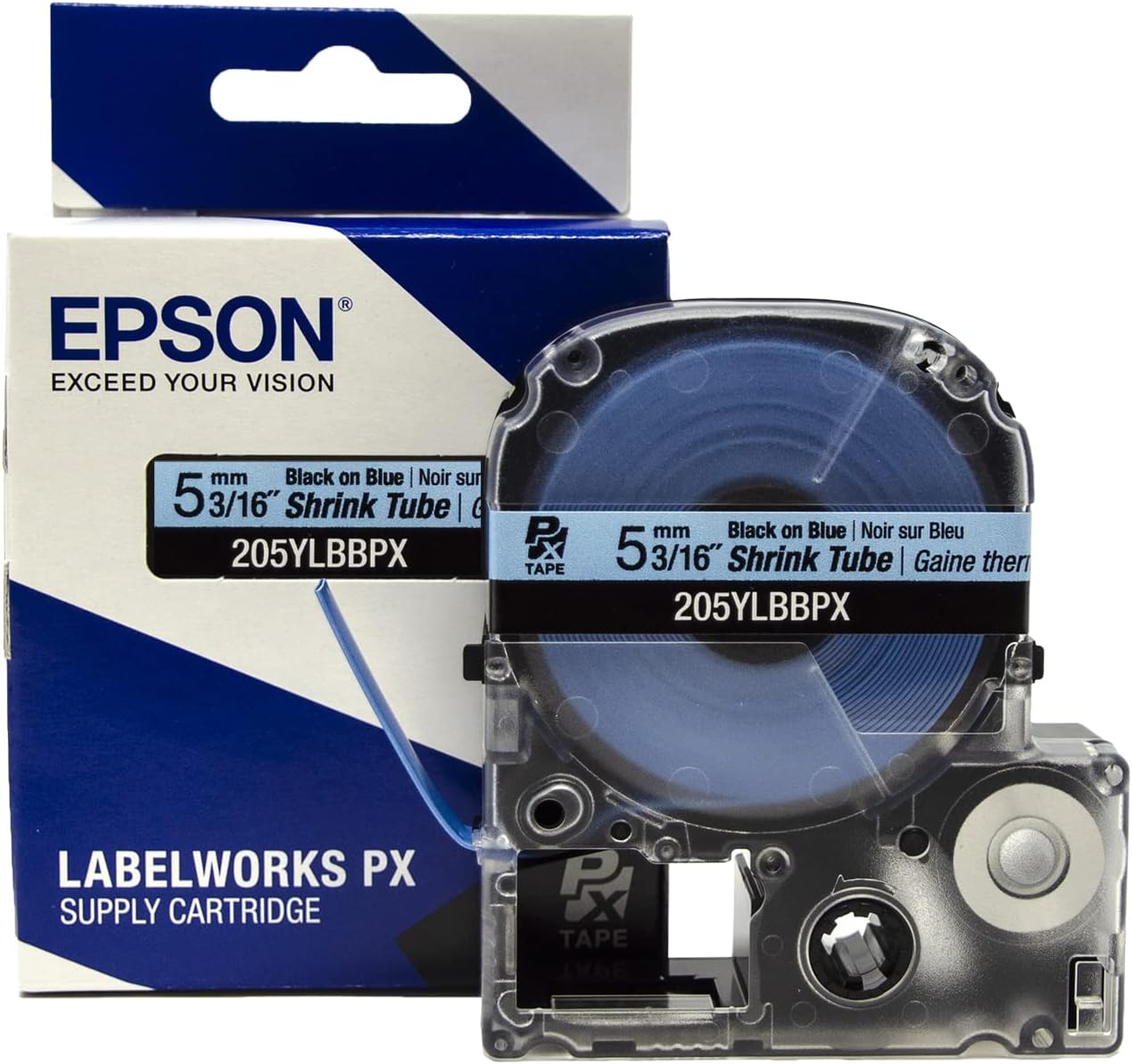 Epson LABELWORKS 205YLBBPX Genuine Shrink Tube AWG 10-18 Black on Blue Shrink Tube - 3/16" (5MM) Wide, 98"