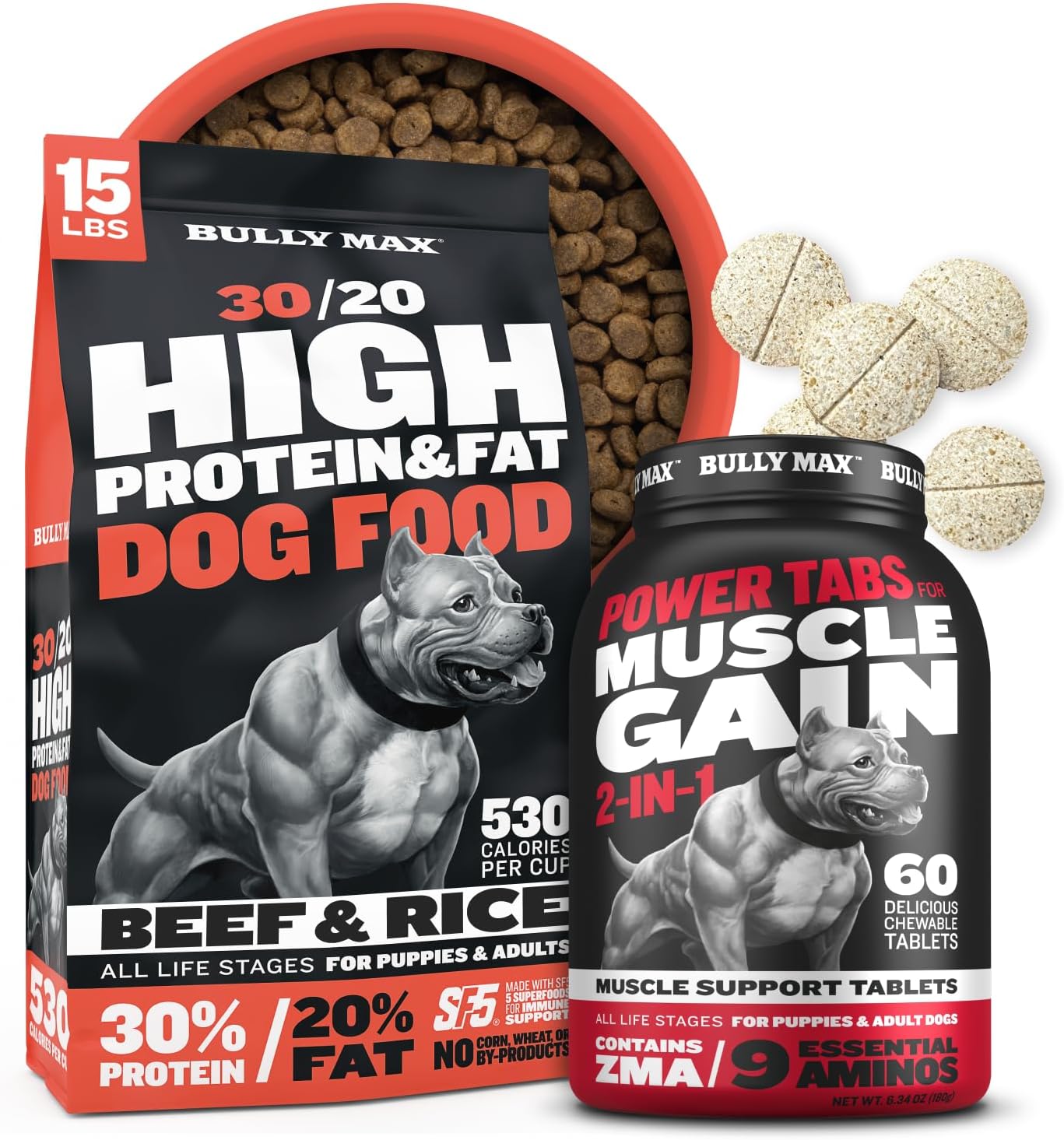 Bully Max 30/20 High Protein Beef Dog Food (15lb) + Muscle Gain Chewable Tabs (60ct) – High Calorie Nutrition Bundle with Added Training Support for Puppies & Adult Dogs, All Breeds