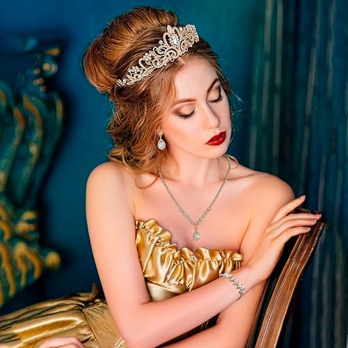 Miniatura 3 de CIEHER 45 Pieces Women Jewelry Set - Rhinestone Crown + Drop Necklace + Elegant Bangle Bracelet + Crystal Teardrop Dangle Earrings for Bridal
