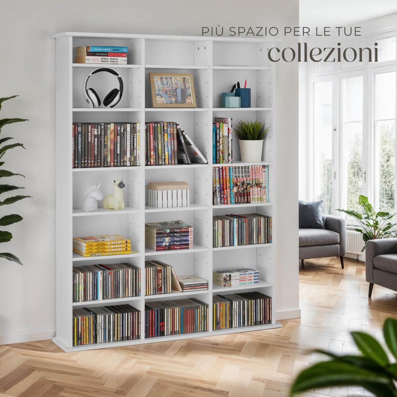 tectake® Scaffale Verticale per CD/DVD, 18 Ripiani Regolabili, Costruzione Stabile in MDF, Supporto Anticaduta, Bianco Opaco, 105,5 x 19 x 136,5 cm, Per Archivio Libri e Documenti - Bianco Opaco