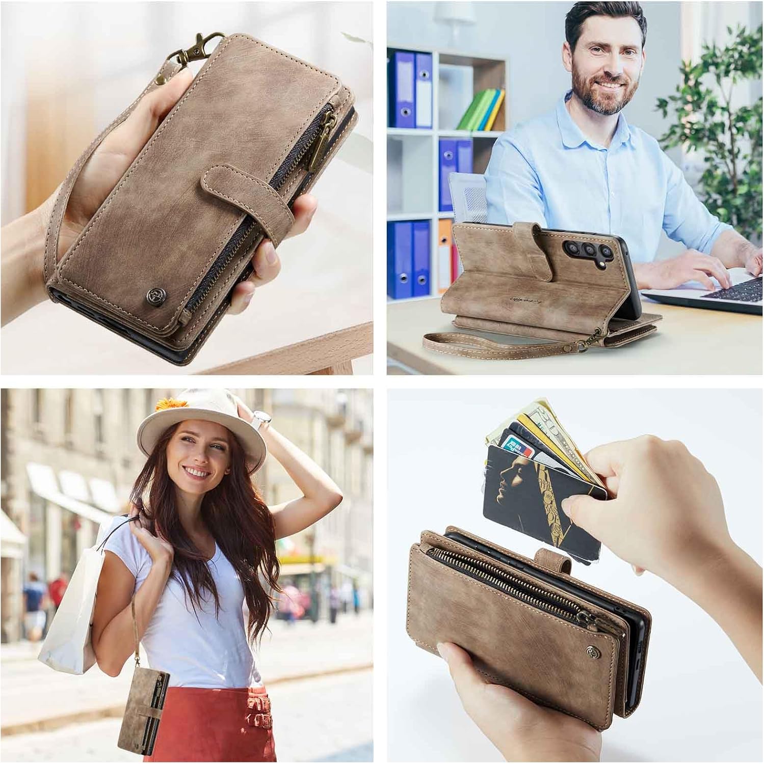 UEEBAI Wallet Case for Samsung Galaxy A55 5G, Premium Handmade PU Leather Phone Case Card Slots Magnetic Closure Zipper Pocket Kickstand Flip Case with Hand Strap - Vintage Brown