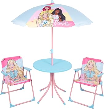 Barbie Patio Set Kid's Garden Furniture, 4-Piece Kids Pink Patio Set With Table, 2x Chairs, Adjustable Parasol, Official Barbie Bistro