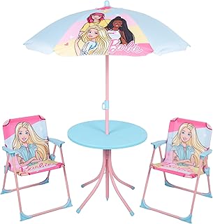 Relsy Barbie Patio Set Kid\'s Garden Furniture, 4-Piece Kids Pink Patio Set With Table, 2x Chairs, Adjustable Parasol, Official Barbie Bistro
