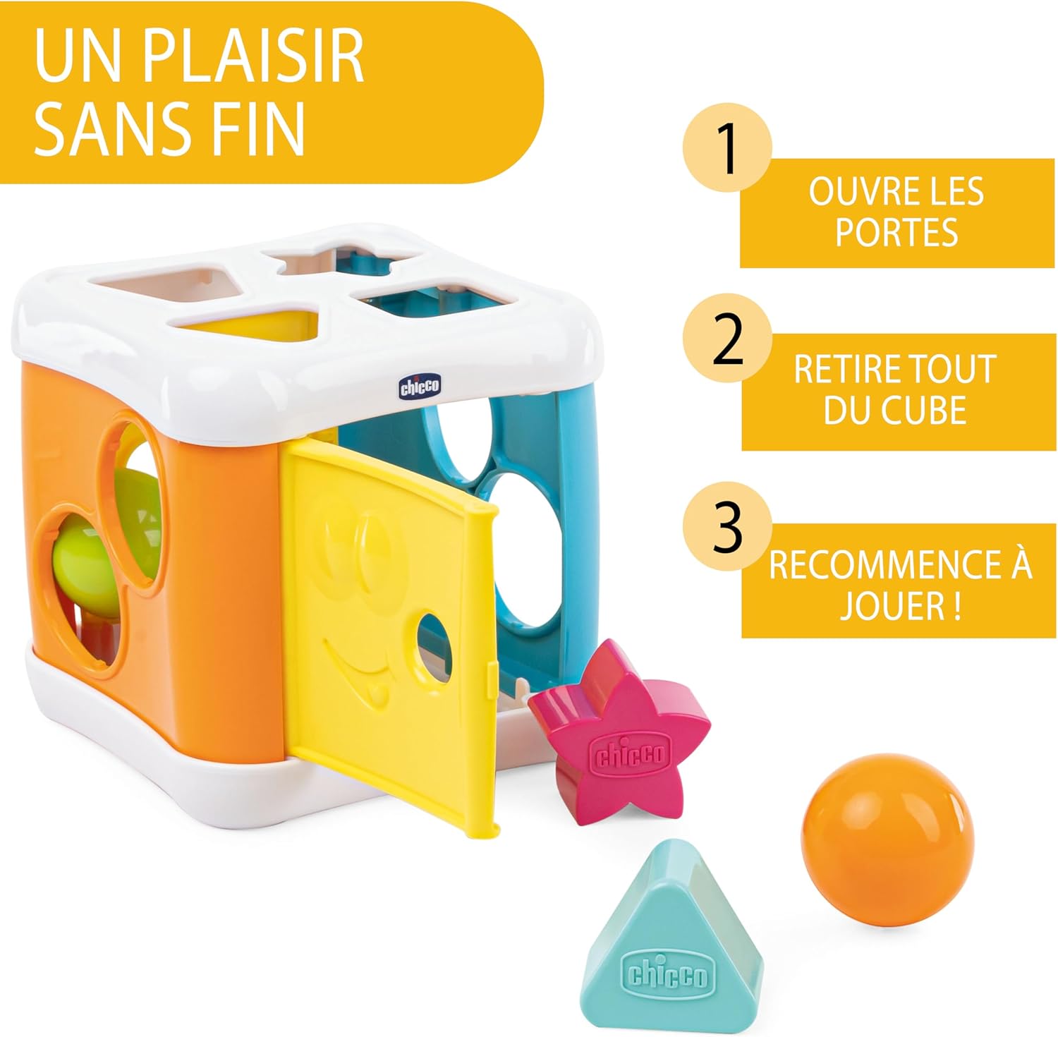 Chicco Cube with Stroke and Hammer 2 in 1, Game Shapes and Rods for Children with 4 Geometric Shapes, 2 Balls and Hammer, Multifunctional Dice - Educational Game 10 Months - 3 Years