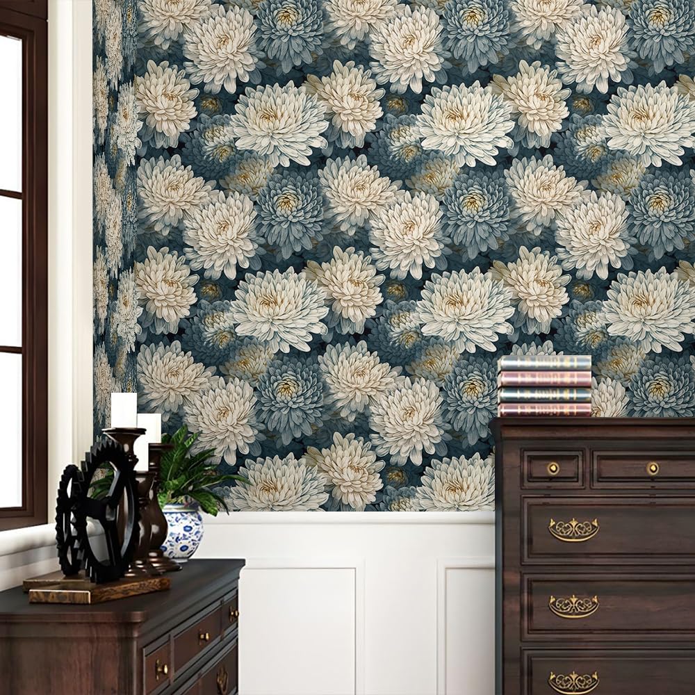 REDAMANCY White Blue Green Chrysanthemum Floral Navy Plants Peel and Stick Wallpaper Stick on Contact Paper Vintage Wall Paper Easy Peel Off for nightstand Drawer Cabinet Renter - Image 2