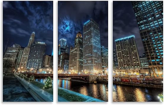 Amazon Co Jp Braksent シカゴ市の夜景 3パネル アート 絵インテリア おしゃれ 油絵 ポスター イラスト キャンバスアート 壁 絵 寝室 装飾画 風景画 Hd写真 モダン的な部屋飾り 新築お祝いに最適 ホーム キッチン