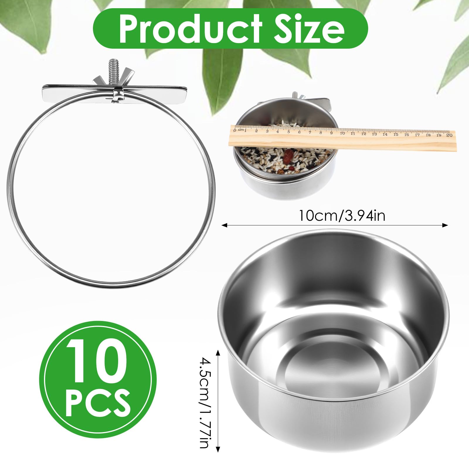 10 Pack Stainless Steel Bird Food Bowls with Clamp Holder, Parrot Feeding Dish Cups for Cage, Rustproof Bird Water Feeders for Cockatiel Conure Budgie Parakeet Macaw Lovebird Small Animals - image 2