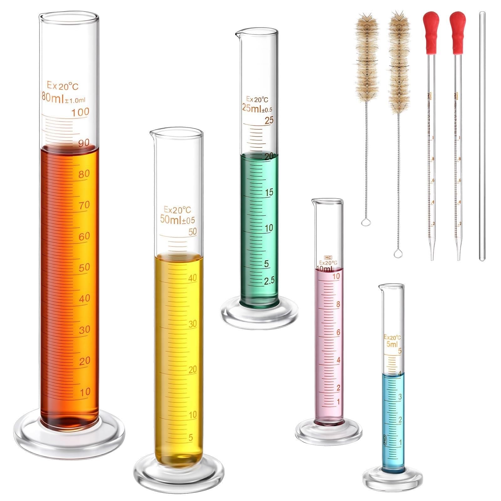 Set di Cilindri Graduati in Vetro - da 5ml a 100ml con Spazzole, Contagocce e Bacchetta