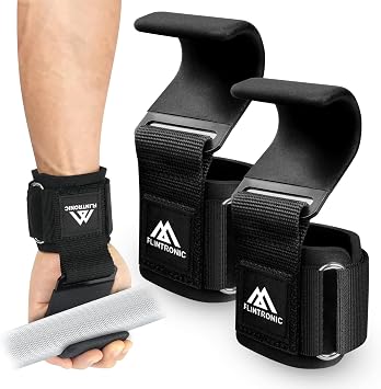 Flintronic Weight Lifting Hooks, Unisex Non-Slip Rubber Coated Grips, 8mm Neoprene Wrist Support, Gym Training, Powerlifting, Deadlift