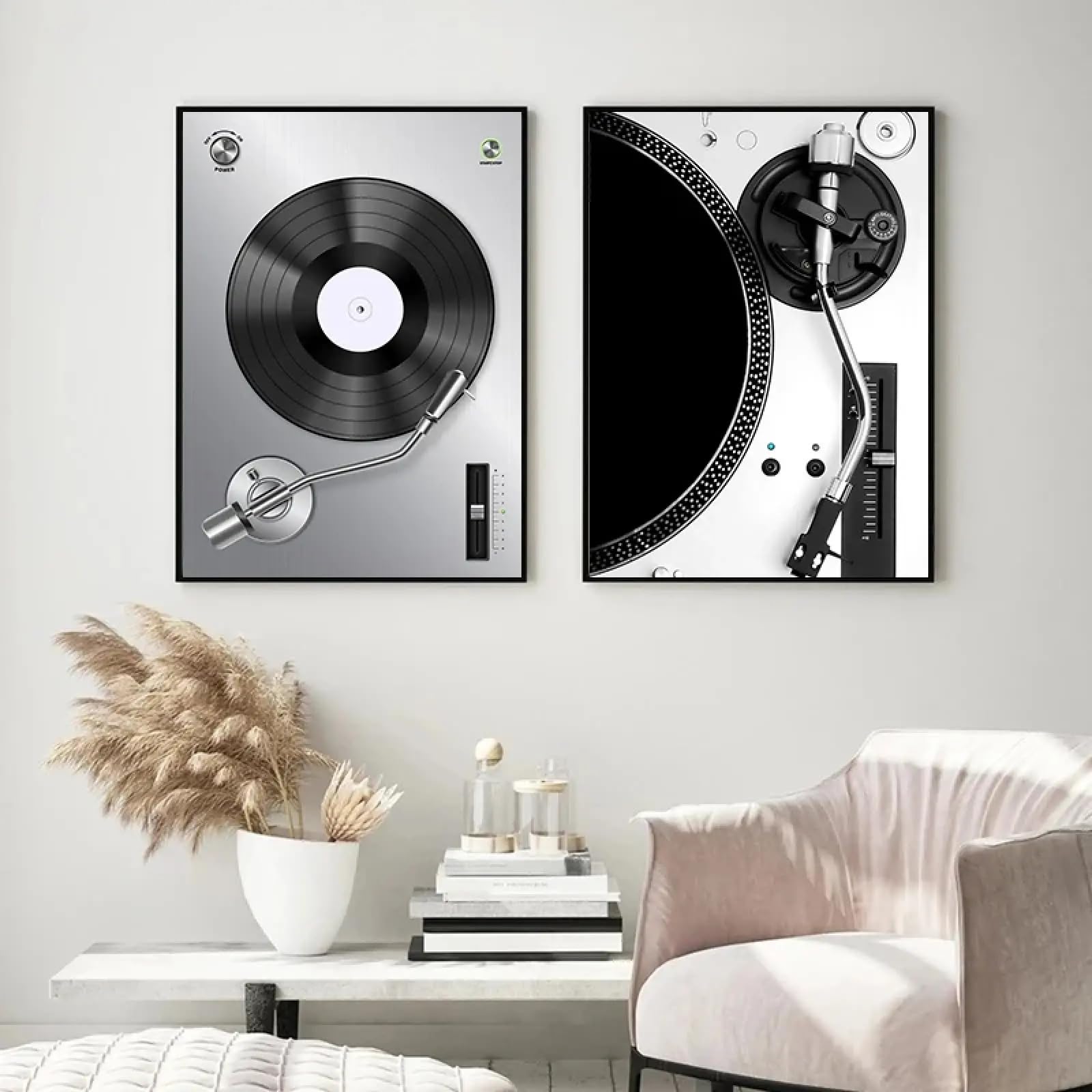 TONGYINLI Poster musicale con giradischi in vinile retrò in bianco e nero e dipinto su tela, immagine artistica da parete per la decorazione della stanza dei bambini, murale 80x120cmx2 senza cornice