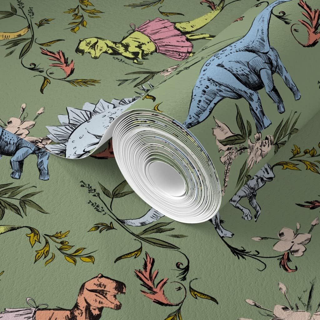Spoonflower Commercial Grade Wallpaper Swatch - Dino Dancer Ballet Tutu Dinosaurs Floral Olive Traditional Wallpaper