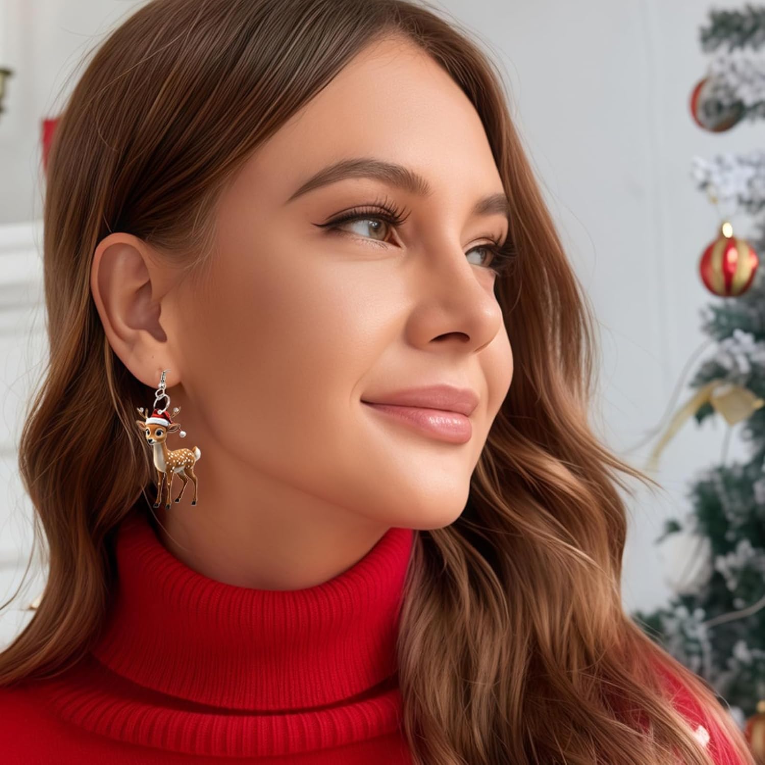 Christmas Earrings Cute Red Hat Deer Drop Dangle Earrings - Image 2