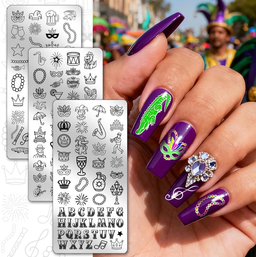 PH PandaHall 135 Patterns Mardi Gras Nail Stamping Plates 3pcs Carnival Nail Art Templates Musical Instrument Manicure Art Stencils Letter Nails Stamper for Women Celebration Manicures Salon Printing