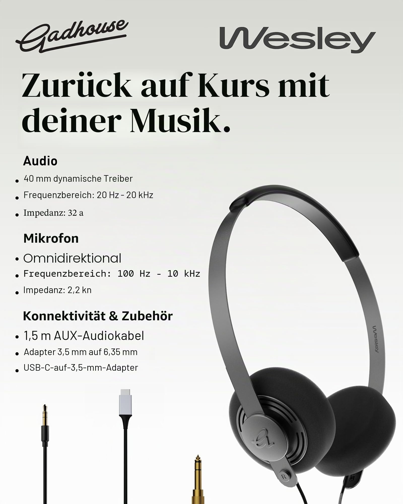 Gadhouse Wesley Retro-Kopfhörer mit USB-C und 3,5-mm-Konnektivität – Vintage-Kopfhörer, Walkman-Stil mit 40-mm-Treibern, Inline-Mikrofonsteuerung und leichtem 105-g-Design für Musik und Anrufe