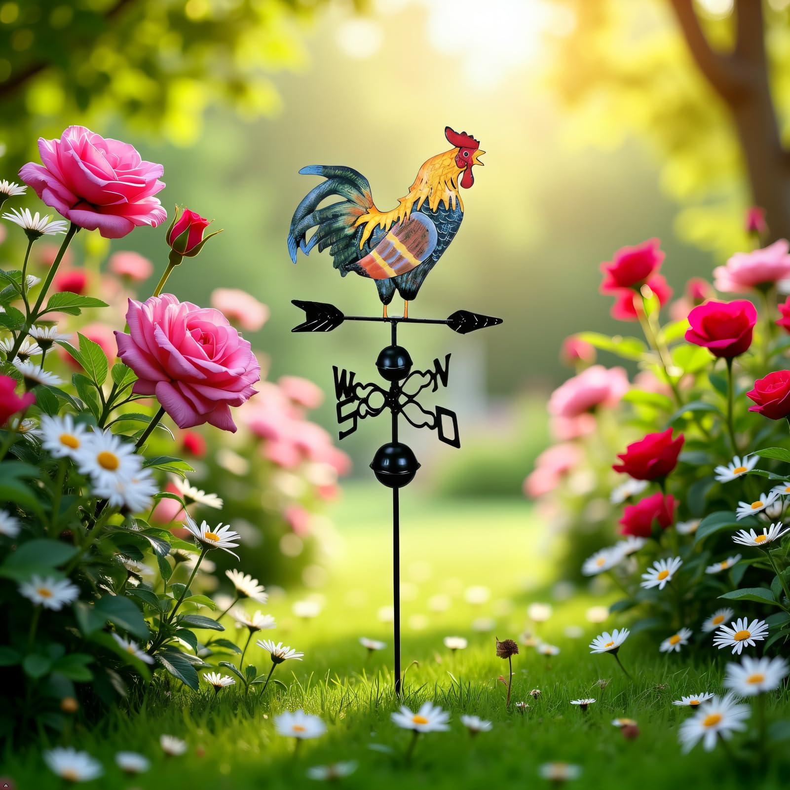 Segnavento in ghisa con ornamento a forma di gallo, indicatore di direzione del vento in metallo alto 119 cm, per decorazione giardino, cortile e patio, stile rustico, accenti esterni per proprietari
