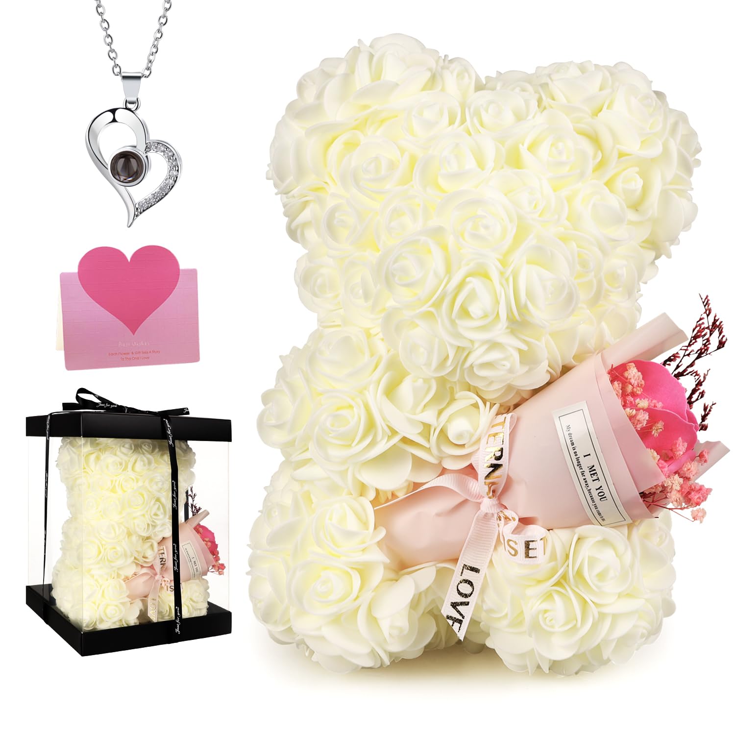 Mothers Day Rose Gifts for Mom, Rose Bear Birthday Gift for Women, Artificial Flowers Rose Teddy Bear with Bouquet,Greeting Card,Mother's Day Rose Gifts for Women Wife Mom Grandma (White)