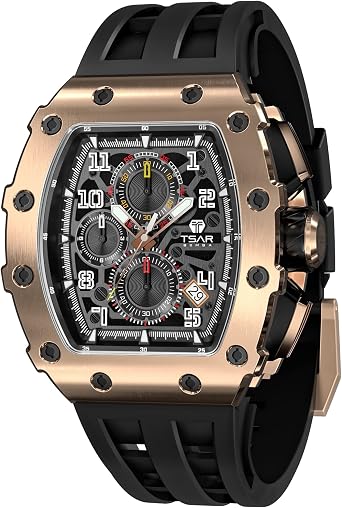 TSAR BOMBA Luxury Mens Watches Square Analog 50M Waterproof Tonneau Chronograph Unique Individual Watch for Men Premium Cool Men s Silver Wrist Watch Quartz Stylish Design Night Watch with Rubber Band