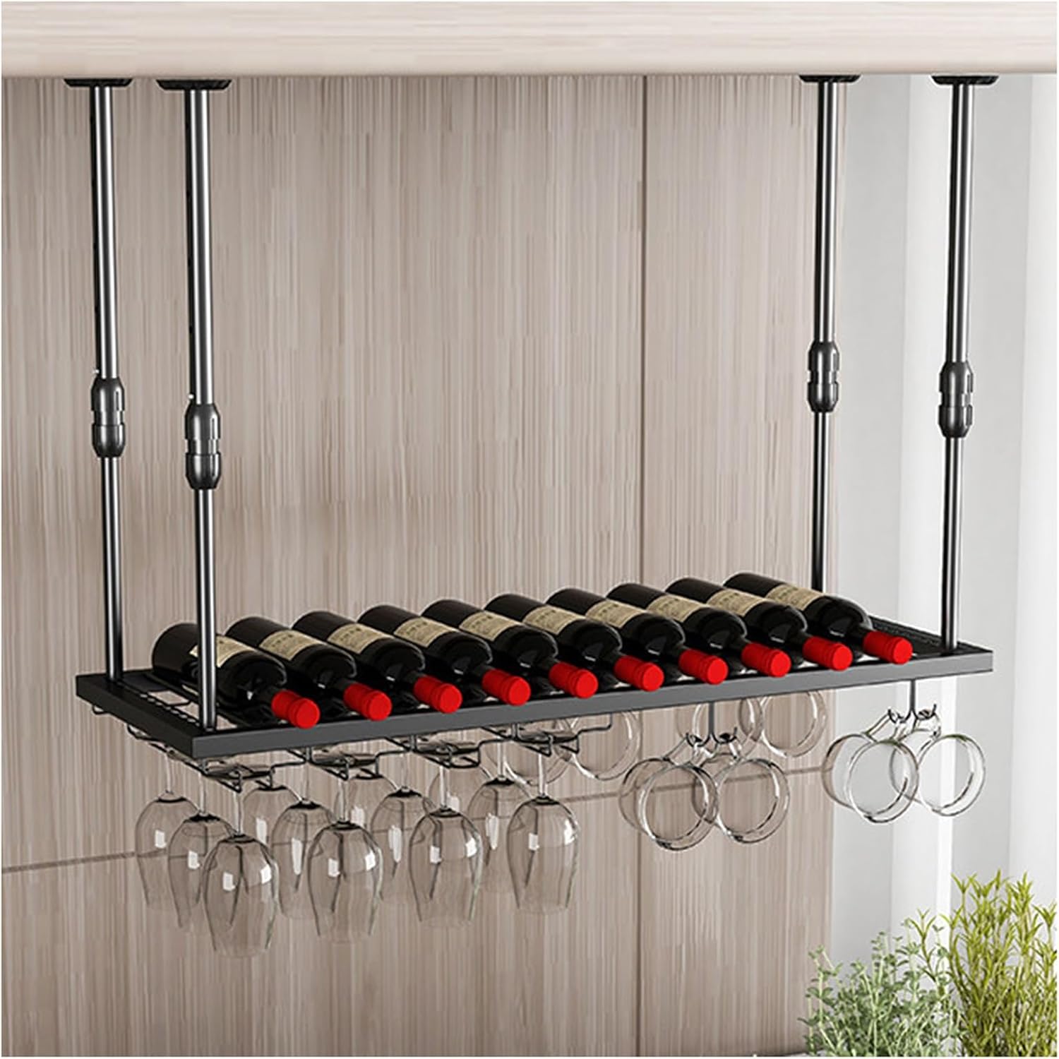 Suspended Wine Rack with Glass Holder Height-Adjustable Powder-Coated Finish Commercial Bar Shelves Steel Frame Ample Storage Space 1-Piece Construction(Black,47.2x11.8)