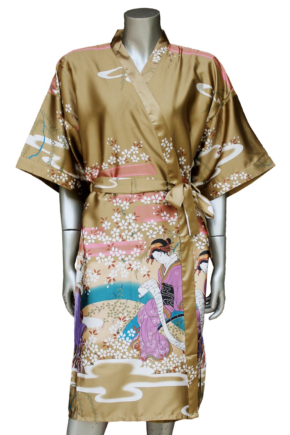 Geisha Kimono Women's Satin Silk Robe - One Size - Deep Gold