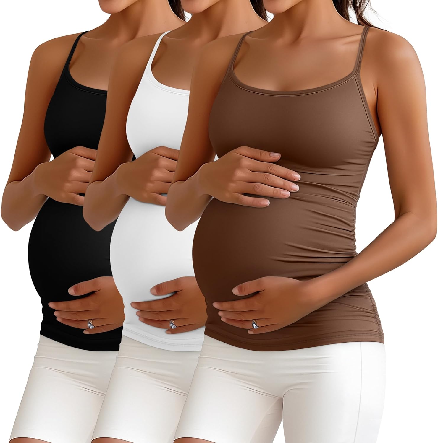 Ficerd 3 Pack Women's Maternity Tank Top Camisole with Adjustable Straps Comfort Tops Side Ruched Stretch Soft Shirts