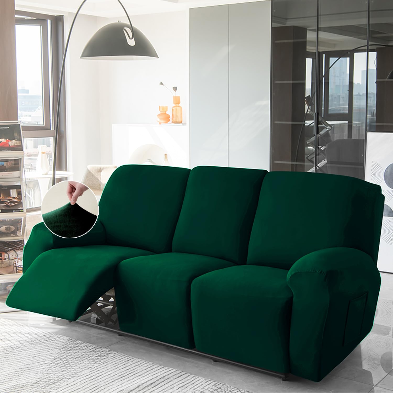 HOKIPO 200 GSM Velvet Recliner Sofa Slipcover 3 Seater Fully Covered 8-Piece Set Machine Washable Furniture Protector for Kids Pet, Hunter Green (AR-4909-HGR) HOKIPO 200 GSM Velvet Recliner Sofa Slipcover 3 Seater Fully Covered 8-Piece Set Machine Washable Furniture Protector for Kids Pet, Hunter Green (AR-4909-HGR)