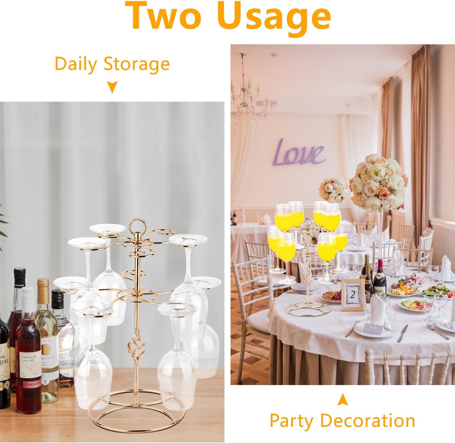QPIX DIGITAL Wine Glass Rack 2 Tier 10 Holders Wine Glasses Stand, Elegant Rose Gold Cocktail Tree Stand Countertop Tabletop Stemware Rack for Home and Bar Storage,Easy Assembly