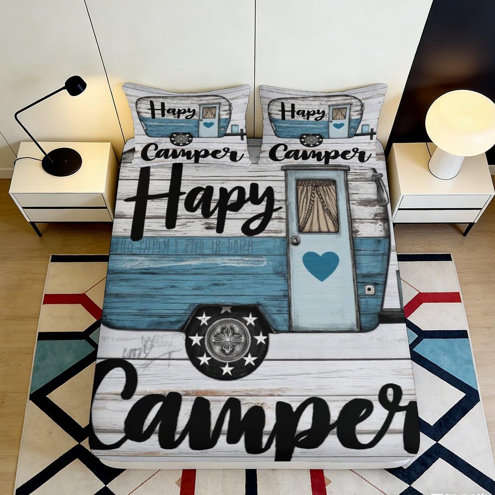 3D Printed Happy Camper Fitted Sheet Microfiber Soft Decorative Blue Vintage Trailer Bed Cover for Bedroom Guest Room 90x200x25cm