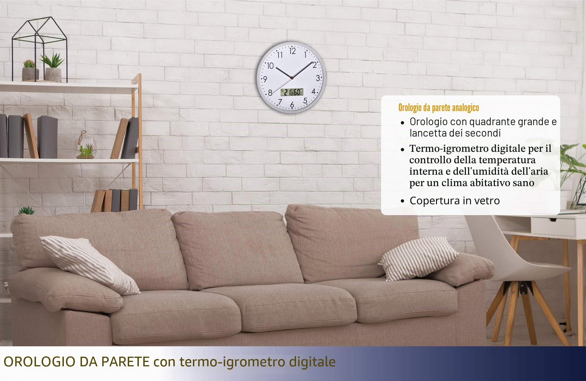 TFA Dostmann Orologio da parete moderno, analogico con termometro e igrometro digitali, per il controllo del clima interno, al quarzo, 60.3048.02, bianco