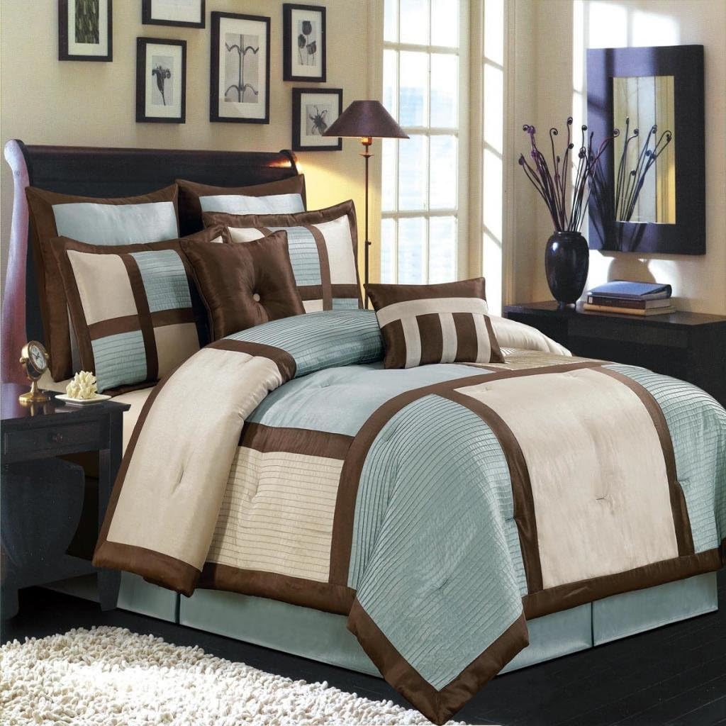 Luxurious QUEEN Size 12 Piece BLUE MORGAN Comforter Set with Comforter, Pillow Shams, Decorative Pillows, Bed Skirt & BONUS Bed Sheet Set, Color Style Blue Brown Ivory