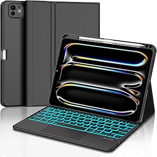 حافظة لوحة مفاتيح مع لوحة تعمل باللمس لاي باد برو 11 بوصة (M4) 2024، لوحة تحكم باللمس لاسلكية تعمل بالبلوتوث بإضاءة خلفية مع غطاء واقي وحامل قلم (الجيل الخامس) 2024، أسود