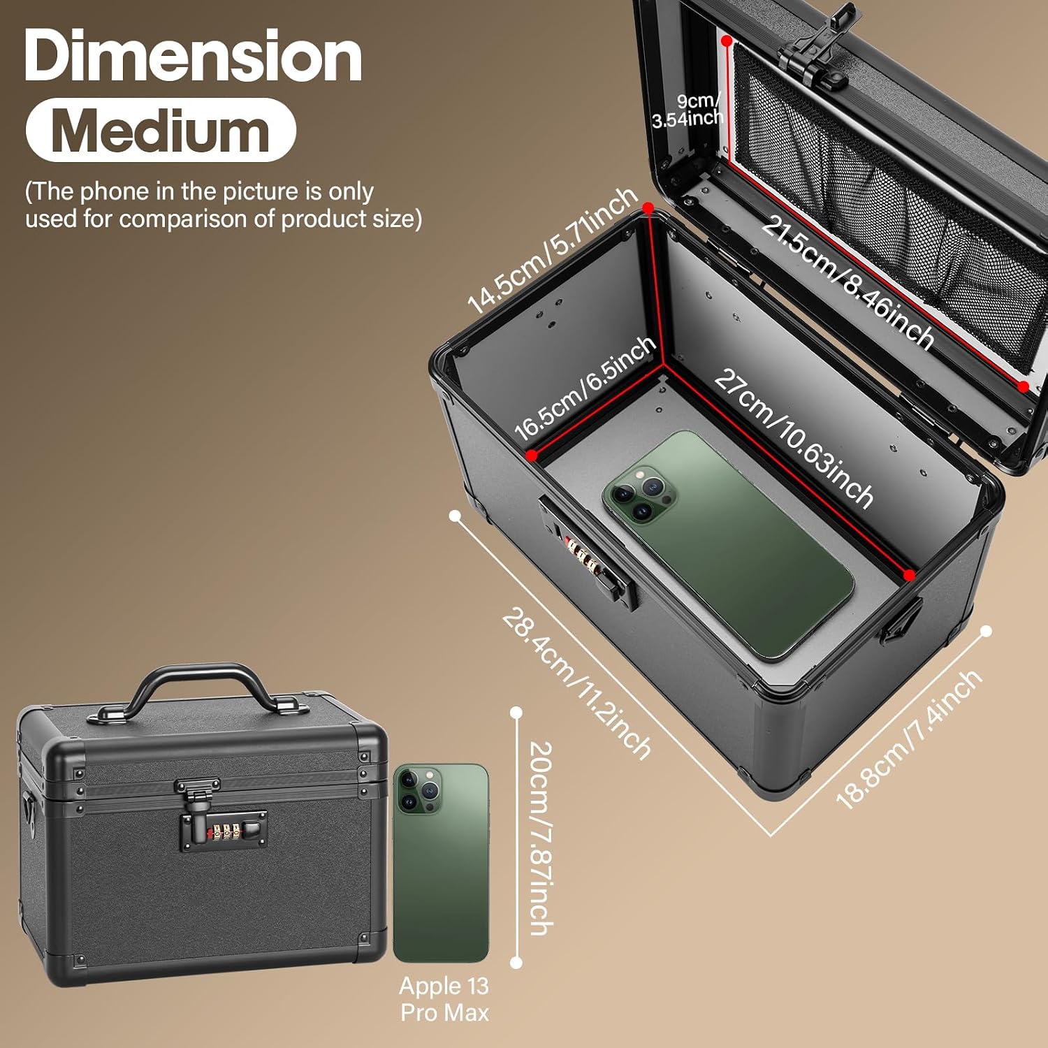 Condition photo showing New/Like New for lockcurx lock box - security combination lock box, locking storage case for personal items and medicine, childproof lockable lockbox for home/office/school, 11.2x7.4x6.8 inch, black black medium