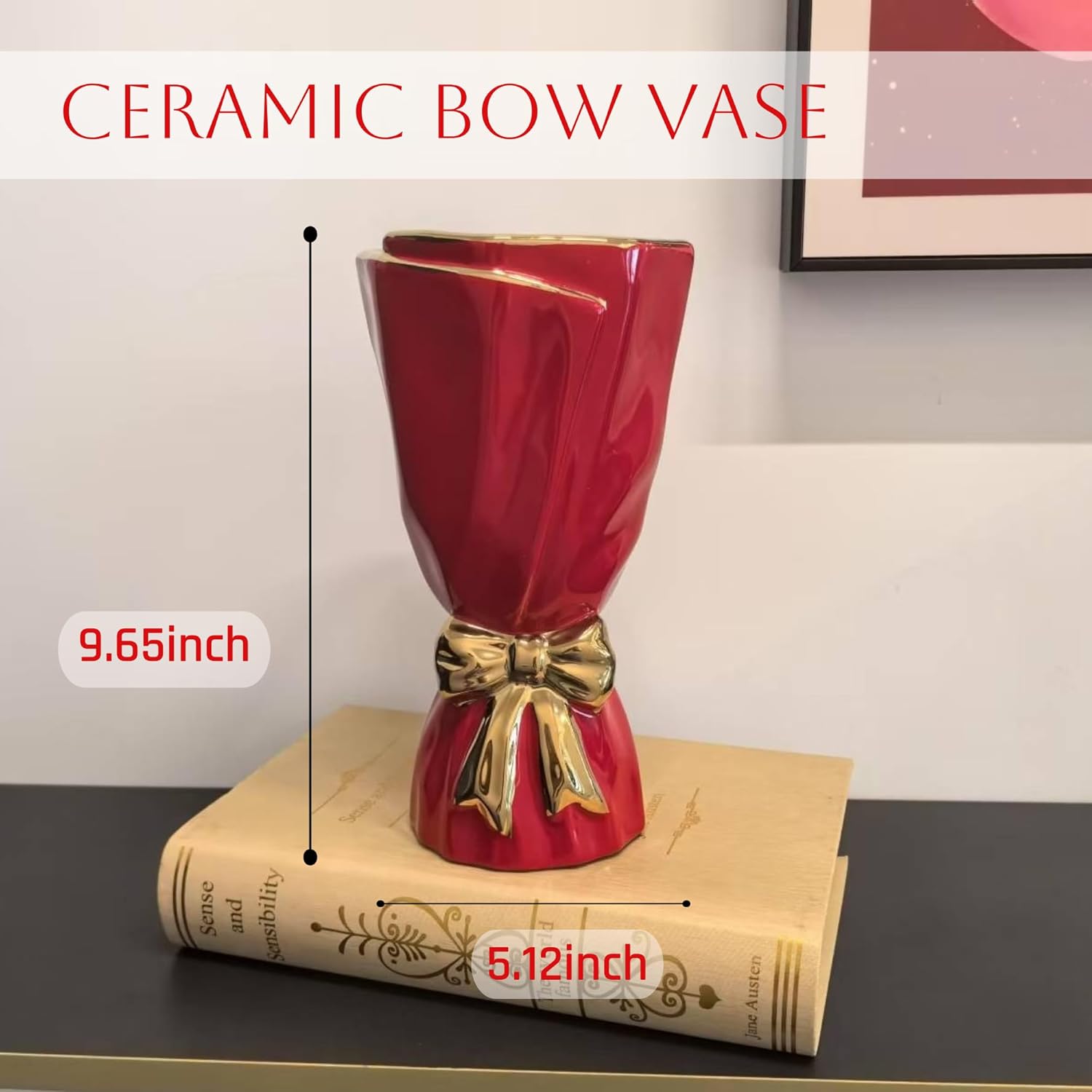 Red and Gold Bow Ceramic Vase - Flower Vases for Home Decor, Bow Decor, Boho Style, 9.65 Inch Flower Vases for Bouquet, Large Vase for Ideal Shelf Decor/Table (Red and Gold, Large)