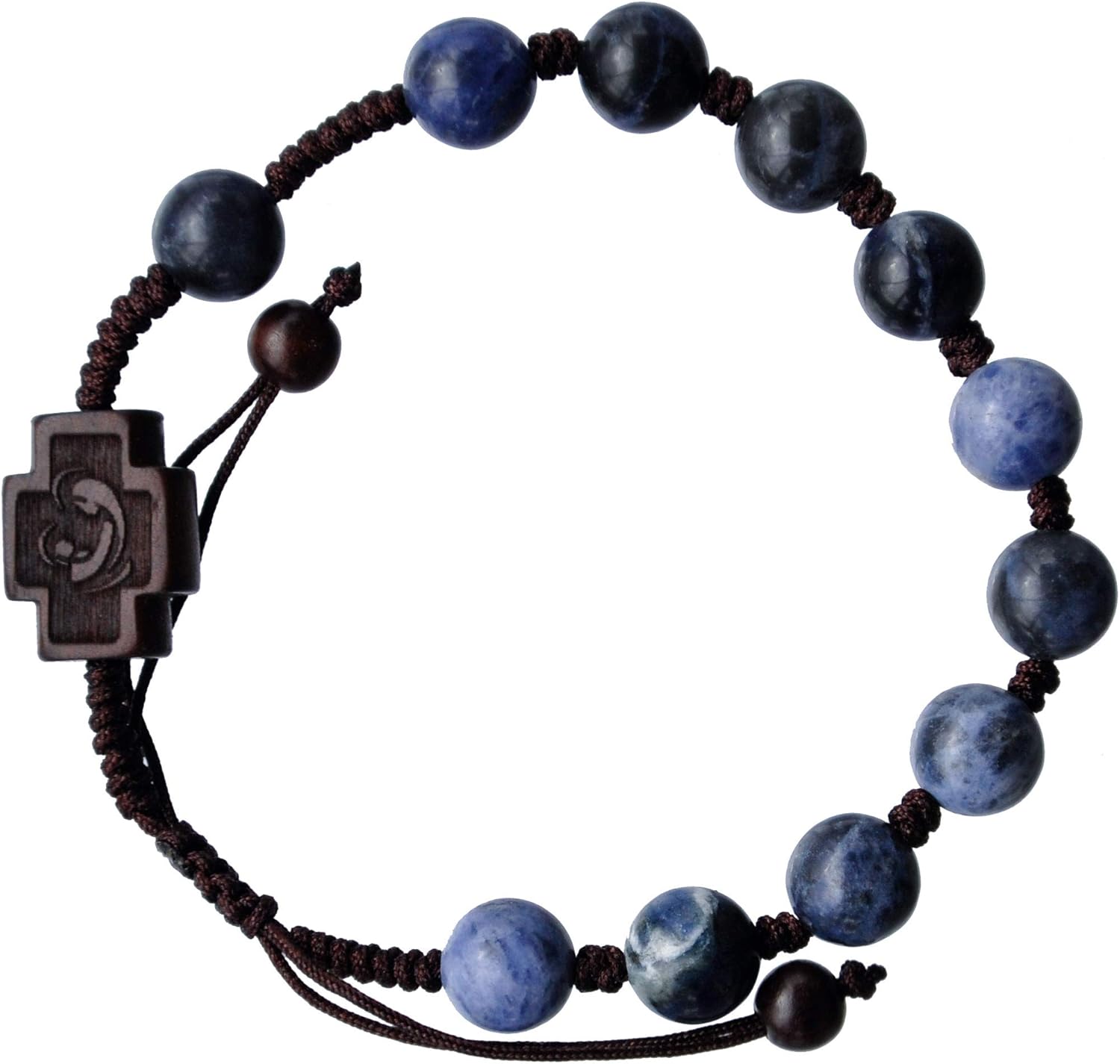 Sine Cera Sodalite & Jujube Wood 1 Decade Catholic Rosary Bracelet, Double-sided Laser Cut Centerpiece, Adjustable Corded Design, Smooth 8mm Beads