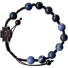 Sine Cera Sodalite & Jujube Wood 1 Decade Catholic Rosary Bracelet, Double-sided Laser Cut Centerpiece, Adjustable Corded Design, Smooth 8mm Beads