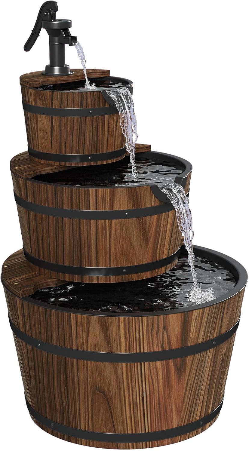 Aoxun 3-Tier Rustic Wood Barrel Outdoor Water Fountain with Cascading Electric Pump - Garden Patio Backyard Decor